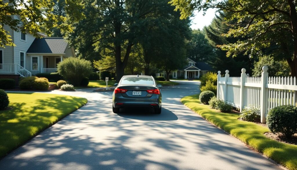 car parked on a well-manicured driveway surrounded by lush greenery and a white picket fence, sunlight filtering through trees casting playful shadows.