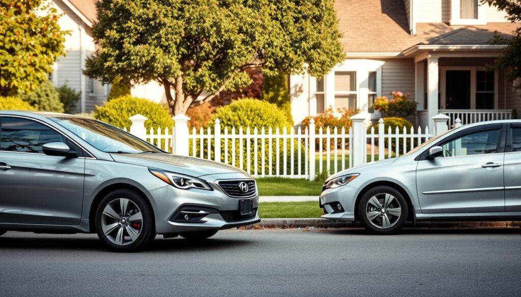 A serene suburban street scene showcasing a parked car near a charming house, surrounded by well-manicured lawns and fences. In the foreground, two cars are slightly angled as if involved in a minor collision, with subtle indicators like crumpled bumpers and scattered debris, emphasizing the idea of liability coverage. The background features a peaceful neighborhood atmosphere with trees and flowers, highlighting the contrast between the tranquility of private property and the unexpected nature of accidents.