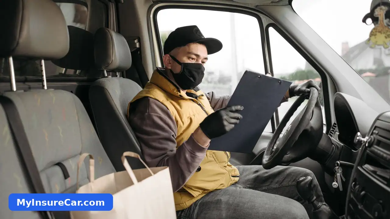Food delivery driver with a delivery bag next to a car