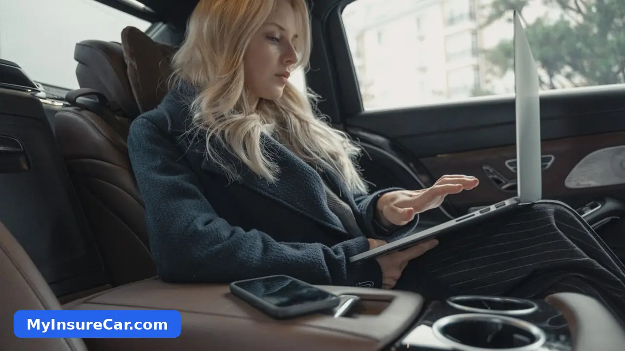 A woman working on a laptop in the back seat of a car