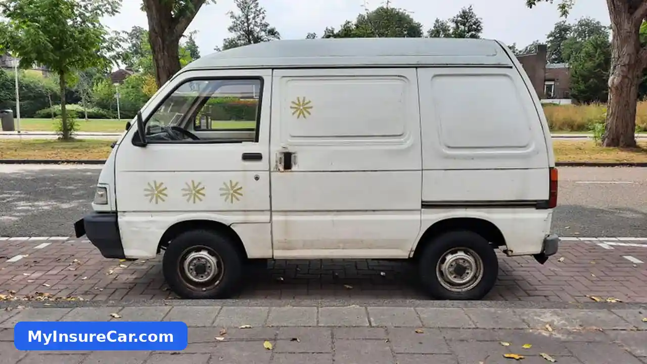 White commercial van parked outside an office building