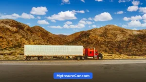 Red semi truck driving on a desert highway