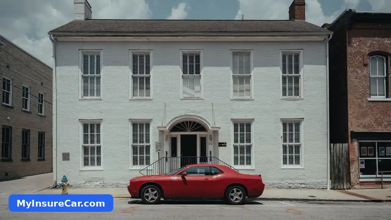 A red Dodge Challenger parked in front of a historic white building in a Kentucky town