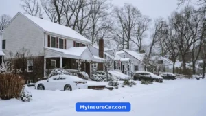 Quiet suburban street with houses and parked cars in winter